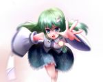  blue_eyes blurry clere detached_sleeves foreshortening frog gohei green_hair hands kochiya_sanae long_hair looking_at_viewer motion_blur outstretched_arm outstretched_hand reaching running snake solo touhou 