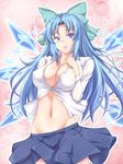  alternate_breast_size blue_eyes blue_hair bow breasts cirno cleavage dress_shirt groin hair_bow highres large_breasts long_hair midriff navel negamaro no_bra older open_clothes open_shirt shirt skirt smile solo touhou unbuttoned wings 
