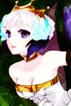  bare_shoulders breasts choker cleavage crown dress feathers gwendolyn hair_feathers ichimatsu_shiro medium_breasts odin_sphere purple_eyes solo strapless strapless_dress white_hair 