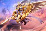  angel armor azriel_(castle_age) blonde_hair castle_age flaming_sword genzoman green_eyes pauldrons shield solo sword tabard weapon white_legwear wings 