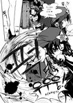  bag baozi beret blood blood_splatter bow braid china_dress chinese_clothes closed_eyes comic doujinshi dress eating food greyscale hair_bow hat heart hong_meiling korean left-to-right_manga legs long_hair monochrome one_eye_closed open_mouth punching star tima touhou translated twin_braids 