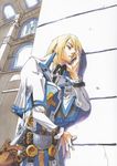  absurdres arc_system_works blonde_hair green_eyes guilty_gear highres ishiwatari_daisuke ky_kiske official_art uniform wall 