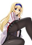  black_legwear blonde_hair blue_eyes blue_hairband blush cecilia_alcott hairband hino_minato_(spec.c) infinite_stratos labia legs long_hair open_mouth panties panties_under_pantyhose pantyhose simple_background sitting solo thighband_pantyhose thighs underwear uniform 