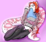  accelo accelo_(character) collar colored_background crossdressing feline glasses male panties snow_leopard solo underwear undressing 