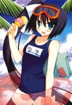  absurdres bag black_hair blue_eyes blush cellphone cloud day diving_mask embarrassed food green_eyes hachimitsu_otome_blossom_days hair_ribbon highres ice_cream innertube long_hair miyasu_risa name_tag nanase_yuki_(hachimitsu) one-piece_swimsuit palm_tree phone ribbon school_swimsuit side_ponytail sky solo swimsuit thighhighs translated tree twintails very_long_hair wavy_mouth 
