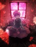  blouse frills glowing glowing_eyes hands_clasped head_tilt heart highres komeiji_satori long_sleeves looking_at_viewer own_hands_together pale_skin pink_eyes pink_hair short_hair sitting skirt solo third_eye touhou wide_sleeves xero 