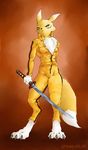  canine digimon female fox jumpsuit kill_bill renamon snoot solo sword weapon 