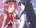  :d akemi_homura clannad closed_eyes elbow_gloves food gloves hair_ribbon happy_state kitagawa_mikio long_hair magical_girl mahou_shoujo_madoka_magica multiple_girls nonaka_ai open_mouth parody pocky ponytail red_hair ribbon sakura_kyouko seiyuu_connection smile sparkle up_nose |_| 