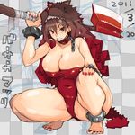  anklet axe barefoot breasts brown_eyes brown_hair chain collar curly_hair jewelry large_breasts matsuri_(teriyaki) multicolored_hair nail_polish original plump solo squatting teriyaki thick_thighs thighs two-tone_hair weapon 