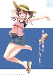 aoi_sora_(pairan) armpits barefoot belt brown_eyes brown_hair denim denim_skirt face feet hair_ornament hairclip hat open_mouth original pairan round_teeth sandals shoes shoes_removed single_shoe skirt smile solo sun_hat teeth twintails wristband 