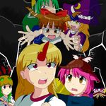  backpack bag banjo-kazooie blonde_hair blue_eyes book borapy brown_eyes crossover feathers green_hair hat highres horn horns hoshiguma_yuugi ibuki_suika kirisame_marisa kirisame_marisa_(pc-98) kochiya_sanae mask middle_finger mima multiple_girls mystia_lorelei parody patchouli_knowledge pink_hair red_eyes ribbon tears touhou touhou_(pc-98) yellow_eyes 