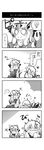  &gt;_&lt; 4koma braid chibi closed_eyes comic food greyscale heart highres honda_(mtp) kirisame_marisa light_bulb monochrome multiple_girls spoken_heart tears touhou translated yakumo_yukari younger 