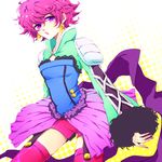  arms_at_sides coat dress earrings fingernails harold_berselius jewelry lipstick makeup messy_hair pink_hair pink_legwear purple_eyes ribbon sanae_(mfn00) short_hair shorts solo tales_of_(series) tales_of_destiny_2 thigh_strap thighhighs 