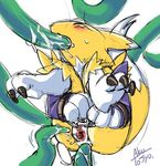  aku_tojyo anal_insertion bdsm blush bondage canine censored chest_tuft claws cuffs digimon elbow_gloves female fox insertion oral_insertion penetration pussy renamon tail tentacles vaginal vaginal_penetration yellow 