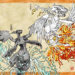  electricity faux_traditional_media fine_art_parody fire gen_5_pokemon highres lightning nihonga no_humans parody pokemon pokemon_(creature) reshiram ukiyo-e zekrom 