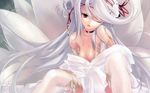  breasts cleavage cropped highres kyuubi mask medium_breasts miwa_yoshikazu moe_moe_youkai_jiten multiple_tails purple_eyes solo tail thighhighs white_hair youkai 