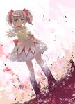  bad_id bad_pixiv_id blush bubble_skirt choker dutch_angle gloves highres kaname_madoka m_(tokui1213) magical_girl mahou_shoujo_madoka_magica outstretched_hand pink_eyes pink_hair puffy_sleeves reaching red_choker short_hair short_twintails skirt solo standing tears twintails white_gloves 