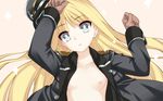  797 bad_id bad_pixiv_id blonde_hair blue_eyes collarbone daiteikoku flat_chest gloves hat long_hair military military_uniform nipples open_clothes open_shirt peaked_cap retia_adolf shirt solo sparkle uniform 