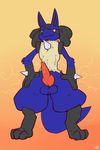  animal_genitalia balls canine canine_penis erection hand_on_hip hands_on_hips knot looking_at_viewer looking_down lucario male mammal nintendo patto penis pok&#233;mon pokemon precum presenting pride red_eyes smile smirk solo spikes video_games 