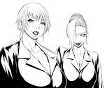  bangs blush breasts chinbotsu cleavage earrings eyepatch formal greyscale hair_bun hair_over_one_eye huge_breasts jewelry lips lipstick makeup mature_(kof) monochrome multiple_girls naughty_face office_lady short_hair simple_background smile suit the_king_of_fighters upper_body vice 