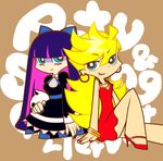  2girls absurdres blonde_hair blue_eyes bow bracelet dress earrings eyeliner fingernails goth gothic hair_bow high_heels highres jewelry kneeling makeup multicolored_hair multiple_girls nail_polish necklace panty_&amp;_stocking_with_garterbelt panty_(character) panty_(psg) ribbon shoes sitting smile stocking_(character) stocking_(psg) striped striped_legwear stuffed_animal stuffed_toy thighhighs two-tone_hair 