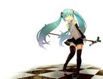  aqua_eyes aqua_hair checkered checkered_floor detached_sleeves hatsune_miku long_hair maitake_(loose) microphone microphone_stand necktie simple_background skirt solo spring_onion thighhighs twintails very_long_hair vocaloid 