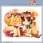  animal_ears barefoot blonde_hair brown_hair bunny_ears bunny_tail cursor deer_ears deer_tail flower green_eyes hair_flower hair_ornament mao_yu multiple_girls original tail 