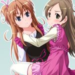  blue_eyes brown_hair carrying green_eyes highres houjou_hibiki long_hair minamino_kanade multiple_girls ponytail precure princess_carry sayousuke suite_precure thighhighs two_side_up 