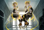  1girl akuhaku arm_warmers bare_shoulders blonde_hair blue_eyes brother_and_sister detached_sleeves from_behind hair_ornament hair_ribbon hairclip headphones highres kagamine_len kagamine_len_(append) kagamine_rin kagamine_rin_(append) leg_warmers looking_back microphone open_mouth ribbon short_hair shorts siblings sitting smile thighhighs twins vocaloid vocaloid_append 