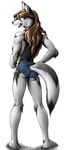  anthro back back_turned black_nose brown_hair butt canine fangs female hair karabiner long_hair looking_at_viewer looking_back male mammal plain_background solo standing tail tail_clothing tongue topless white_background wolf 