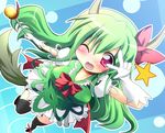  adapted_costume alternate_costume blush breasts elbow_gloves ex-keine from_above geo_(yukishitadou) gloves green_hair horn_ribbon horns kamishirasawa_keine kiraboshi_(star_driver) long_hair magical_girl medium_breasts one_eye_closed red_eyes ribbon solo staff thighhighs touhou v_over_eye 