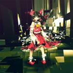  abstract ascot black_hair bobby_socks bow brown_eyes detached_sleeves hair_bow hair_tubes hakurei_reimu highres long_hair mary_janes meola ribbon shoes socks solo touhou 