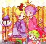  blonde_hair blue_hair chandelure cherry_blossoms fan folding_fan folding_screen frog gen_5_pokemon gohei green_hair hair_bobbles hair_ornament hat hinamatsuri japanese_clothes kawashiro_nitori kimono kochiya_sanae koro_(artist) long_hair moriya_suwako multiple_girls petals pokemon pokemon_(creature) purple_hair touhou two_side_up yasaka_kanako 