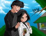  1girl bird black_hair bleedman brown_eyes couple curly_hair day drink happy hat hetero jacket short_hair sky smile tree 