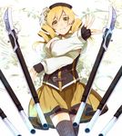  black_legwear blonde_hair drill_hair fingerless_gloves gloves gun hat highres irohara_mitabi magical_girl magical_musket mahou_shoujo_madoka_magica musket solo striped striped_legwear thighhighs tomoe_mami twin_drills twintails vertical-striped_legwear vertical_stripes weapon x_arms yellow_eyes zettai_ryouiki 