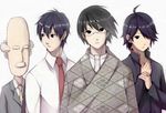  ahoge arakawa_under_the_bridge araragi_koyomi bakemonogatari bald black_hair company_connection creator_connection crossover eyebrows facial_hair formal glasses hidamari_sketch ichinomiya_kou itoshiki_nozomu japanese_clothes kamiya_hiroshi kimono kotera_(koterabyte) male_focus monogatari_(series) multiple_boys multiple_crossover mustache necktie principal_(hidamari_sketch) sayonara_zetsubou_sensei school_uniform seiyuu_connection shaft simple_background suit 