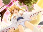  amber_eyes animal_ears blonde_hair camel_toe canine fang female forest fox foxgirl hair japanese_clothing kemonomimi kitsune kitsunemimi long_blonde_hair long_hair multiple_tails panties socks standing tail tree underwear unknown_artist 