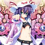  akashio_(loli_ace) belt breasts buttons colorized crescent facepaint facial_mark green_eyes groin hair_between_eyes hand_on_hip hat highres kaima key looking_at_viewer merry_nightmare midriff navel no_nose outstretched_arm pov purple_eyes purple_hair ribbon short_hair small_breasts smile solo sparkle star stomach sun_hat underboob yumekui_merry 