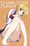  barefoot blonde_hair charlotte_dunois face feet flat_chest green_panties infinite_stratos ishigaki_takashi long_hair long_legs nipples panties ponytail purple_eyes sitting solo toes underwear 