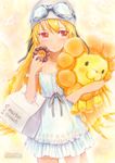  bakemonogatari blonde_hair brand_name_imitation doughnut dress food goggles helmet highres long_hair mayo_riyo mister_donut monogatari_(series) oshino_shinobu pon_de_lion pon_de_ring red_eyes solo strap_slip stuffed_toy very_long_hair 