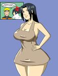  1girl black_hair blonde_hair breasts cleavage closed_eyes curvy forehead_protector funny hand_on_breasts hand_on_hips happy hips hocuspukeus large_breasts legs long_hair milf mother_and_son naruto short_hair smile uchiha_mikoto uchiha_sasuke uzumaki_naruto wide_hips 