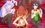  absurdres animal_ears black_hair blue_eyes blue_hair brown_eyes bunny_ears bunnysuit crossover highres k-on! kiriya_nozomi kousaka_kirino long_hair lying mayoi_neko_overrun! multiple_girls nakano_azusa noa_p orange_hair ore_no_imouto_ga_konna_ni_kawaii_wake_ga_nai pantyhose red_eyes seiyuu_connection taketatsu_ayana twintails upside-down 