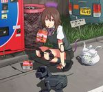  aibo android bag brown_hair car coca-cola dog drinking drinking_straw grass ground_vehicle jittsu looking_at_viewer motor_vehicle oil original purple_eyes robot robot_joints school_uniform shadow shopping_bag solo sony squatting tail translated vending_machine 