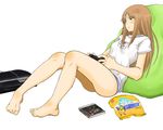  anger_vein ass bad_feet bare_legs barefoot brown_eyes brown_hair controller covered_nipples demon's_souls feet full_body game_console game_controller joy_(joy-max) long_hair natsume_reiko natsume_yuujinchou no_pants nyanko original panties playing_games playstation_3 shirt simple_background sitting slovenly solo sony souls_(from_software) striped striped_panties t-shirt underwear 