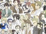  6+girls baccano! black_hair blonde_hair brown_hair character_request dress_shirt everyone expressionless eyepatch formal glasses jacket long_hair multiple_boys multiple_girls non-web_source shirt simple_background smirk smoke suit upper_body very_long_hair vest white_background 