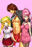 2girls bad_id bad_pixiv_id blonde_hair breasts bulge delta_zone glasses harness highres loincloth male_underwear medium_breasts multiple_girls muscle optimus_prime pasties pink_hair scar see-through thighhighs transformers twintails underwear 