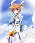  brown_hair fingerless_gloves flipper gloves long_hair lyrical_nanoha mahou_shoujo_lyrical_nanoha purple_eyes raising_heart solo staff takamachi_nanoha twintails 