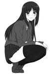  :3 blush cosplay fate/stay_night fate_(series) greyscale hands_on_own_knees highres kurusugawa_ayaka long_hair monochrome panties pantyshot pantyshot_(squatting) shichimenchou simple_background skirt solo squatting striped striped_panties thighhighs to_heart toosaka_rin toosaka_rin_(cosplay) turtleneck underwear 