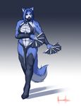  abs anthro biceps big_breasts blue blue_fur blue_hair breasts canine cosplay female fur hair hopey kitana kortana mammal meesh mortal_kombat muscles muscular_female pose solo standing tail video_games weapon wolf 