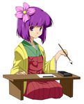  bob_cut brush calligraphy_brush desk flower hair_flower hair_ornament hieda_no_akyuu inkstone japanese_clothes kasu_kazu paintbrush purple_eyes purple_hair seiza short_hair simple_background sitting solo staring table touhou 